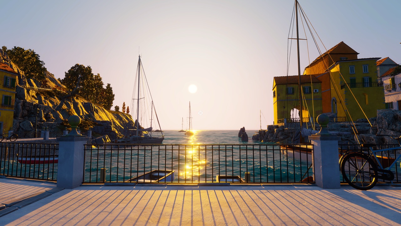 The harbor and coastal promenade in Vacation Cafe Simulator at sunset